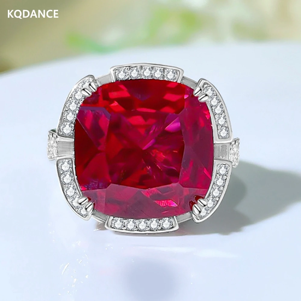 

KQDANCE 925 Sterling Silver With Large 14 Carat Square Cushion Cut Emerald Green Ruby Red High Carbon Diamond Rings Fine Jewelry