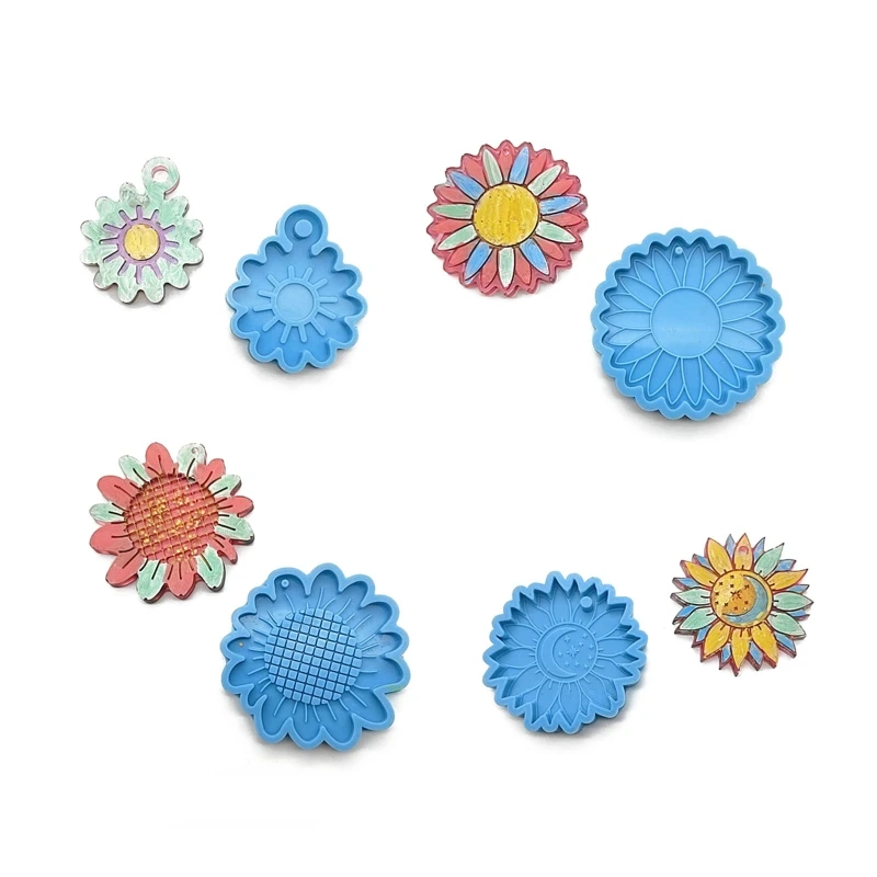 

N1HE 4Pcs/set Flower Keychain Mold Sunflower Resin Molds Sunflower Moon Silicone Mold with Hole for DIY Keychain Making