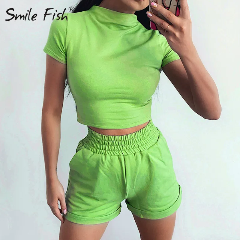 

Women Two Piece Outfits Short Blouse Biker Shorts Casual Female Serts 2022 Summer Women Solid Pink Gray 2 Pieces Sets G1705