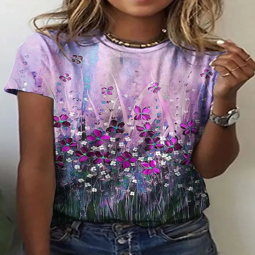 

Новая женская летняя футболка, уличная футболка, футболка с коротким рукавом с цветочным принтом и бабочкой, Новая модная женская футболка, ...