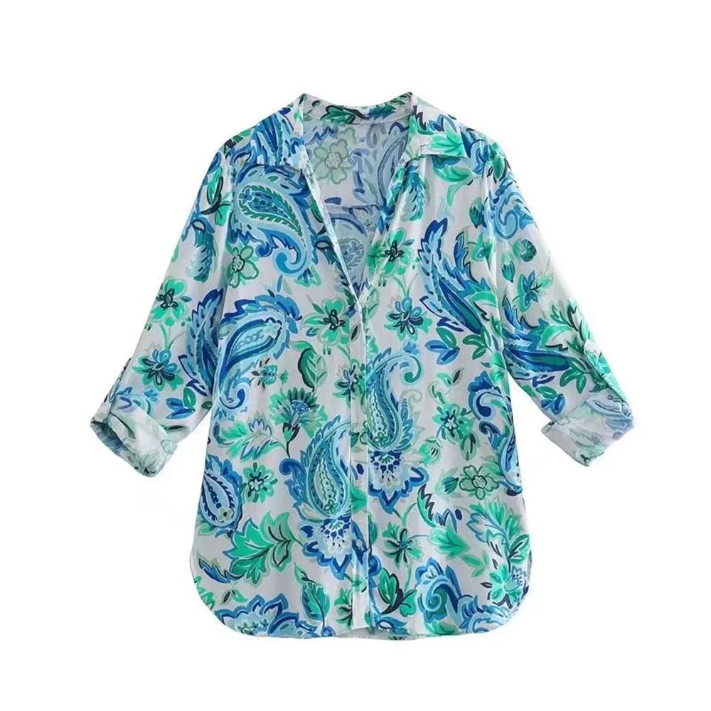 

PB&ZA2869190 2022 spring new women's loose retro long-sleeved V-shaped lapel hem side slit drape printed shirt 2869/190