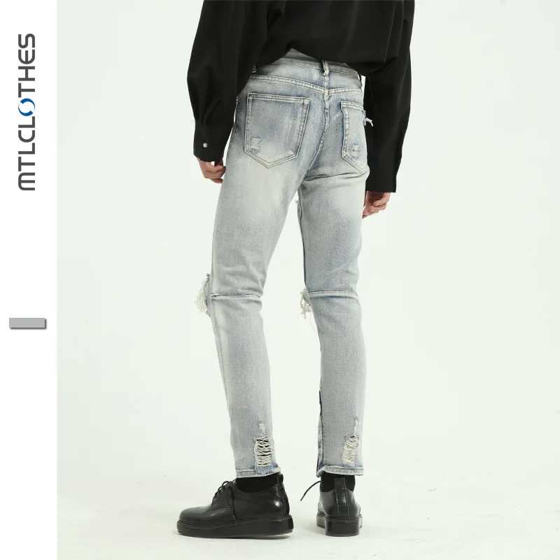 Men High Street Style Light Blue Jeans with Large Holes and Small Feet