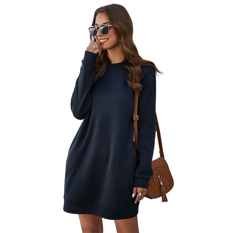 

Round Neck Pocket Long Sleeve Dresses Soild Color New Hot Selling Autumn Winter Fashion All Matching Women's Dress Casual Wear