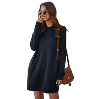 round neck pocket long sleeve dresses soild color new hot selling autumn winter fashion all matching womens dress casual wear