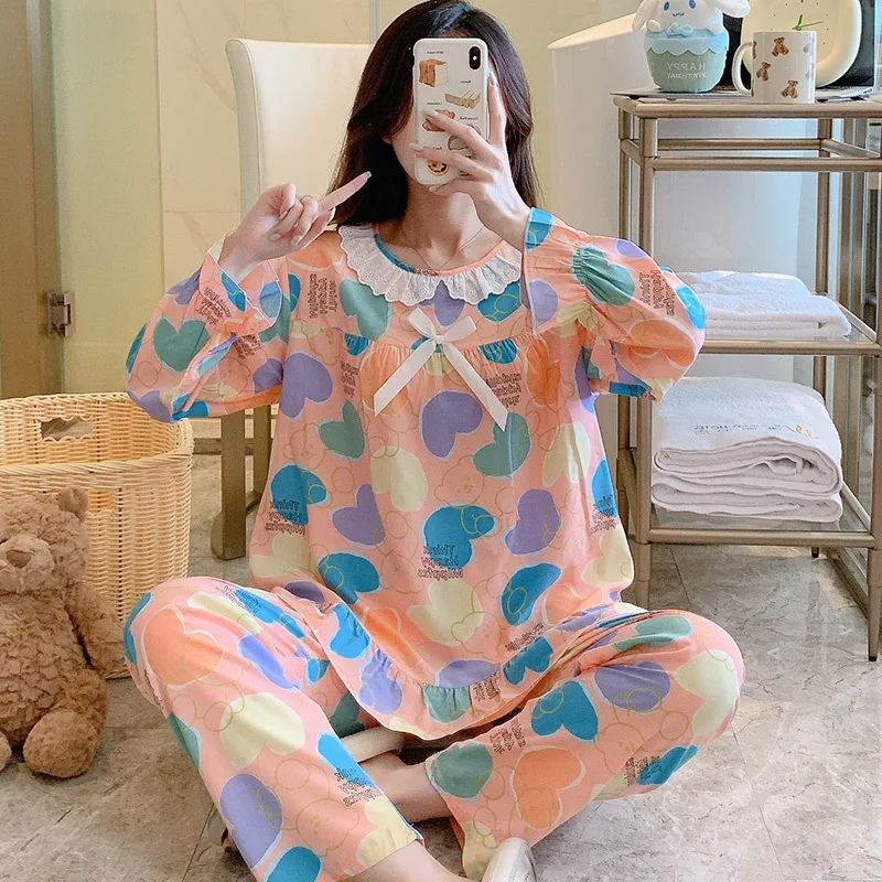 Spring  Autumn Long-sleeved Thin Cotton Silk Suit Loose Home Clothes Large Size White Lace Pullover Sleepwear