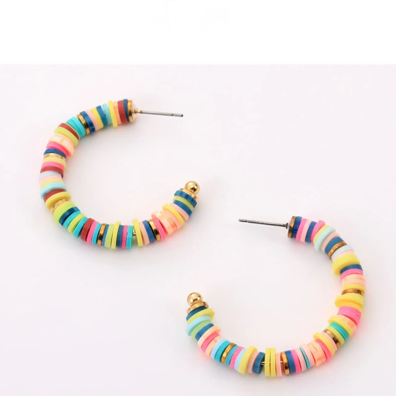 

Bohemian Mélange Soft Pottery Hoop Earrings Silver Post Round Colored Drop Earrings Women's Fashion Jewelry