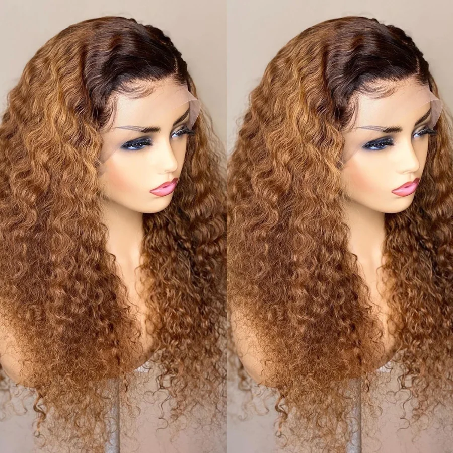 

Soft 26"Long Ombre Honey Blonde Brown Preplucked 180Density Glueless Kinky Curly Lace Front Wig For Black Women BabyHair Daily