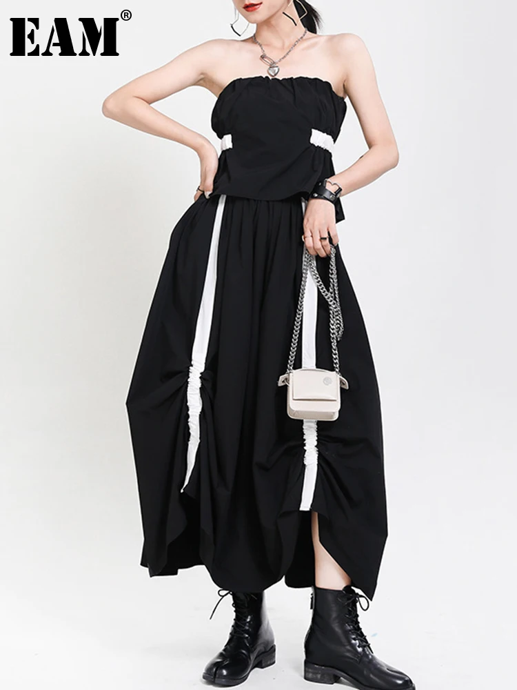 

[EAM] Women Black Split Joint Ways Wear Elegant Dress New Strapless Puff Sleeve Loose Fit Fashion Tide Spring Summer 2022 1X354