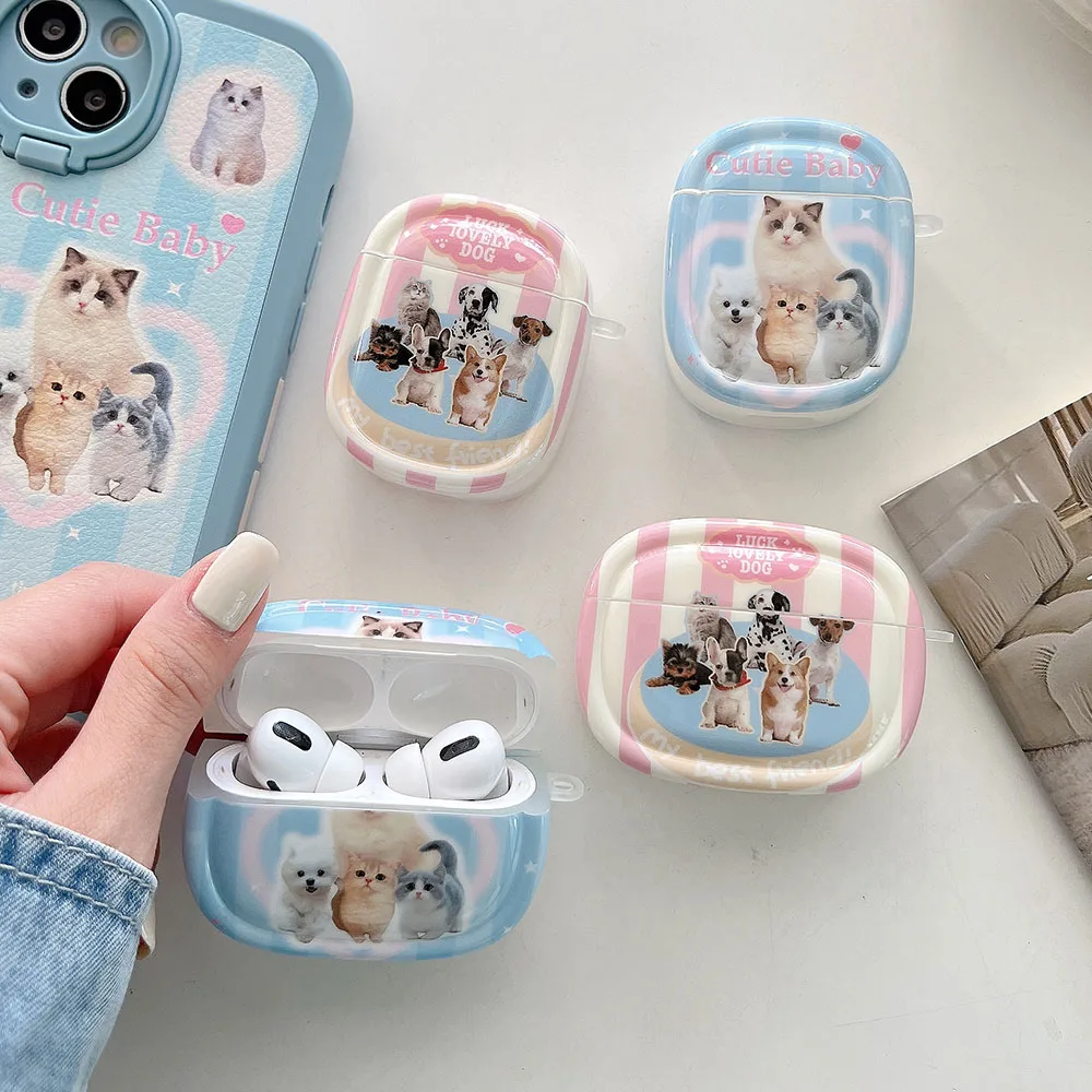 

For AirPods 1 2 Pro Earphone Case Personality Cute Stripe Cartoon Cat Dog Puppy Round Shape Silicone Protect Cover For Airpods 3