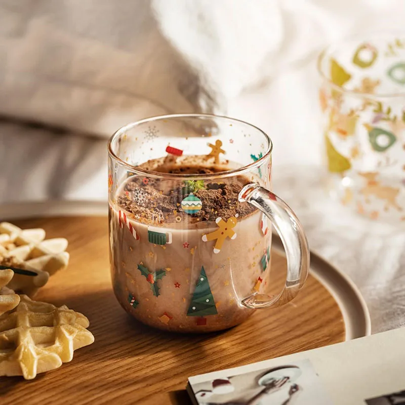 

Креативная Рождественская чашка 450 мл, прозрачная стеклянная термостойкая кружка с ручкой, кухонная чашка для молока, кофе, завтрака, чайный набор
