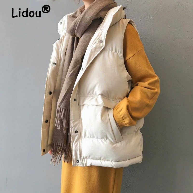 2022 Winter Women Stand Collar Warm Cotton Down Padded Outerwear Waistcoat Sleeveless Vests Solid Loose Parkas Jackets Clothing
