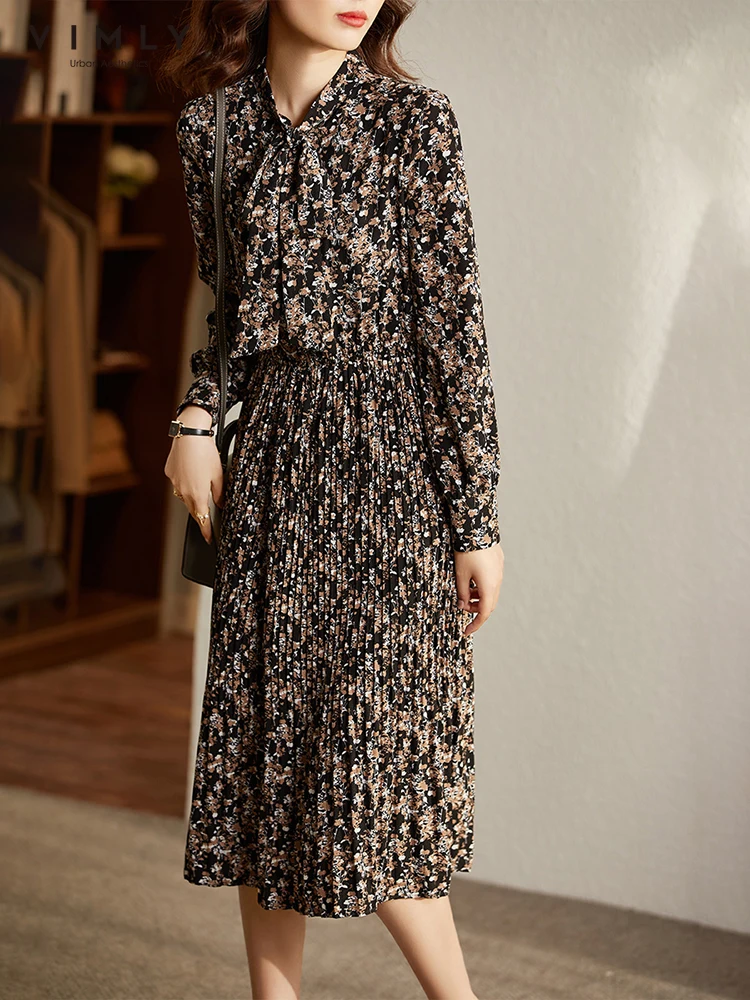 Платье-миди женское Плиссированное с цветочным принтом и длинным рукавом -