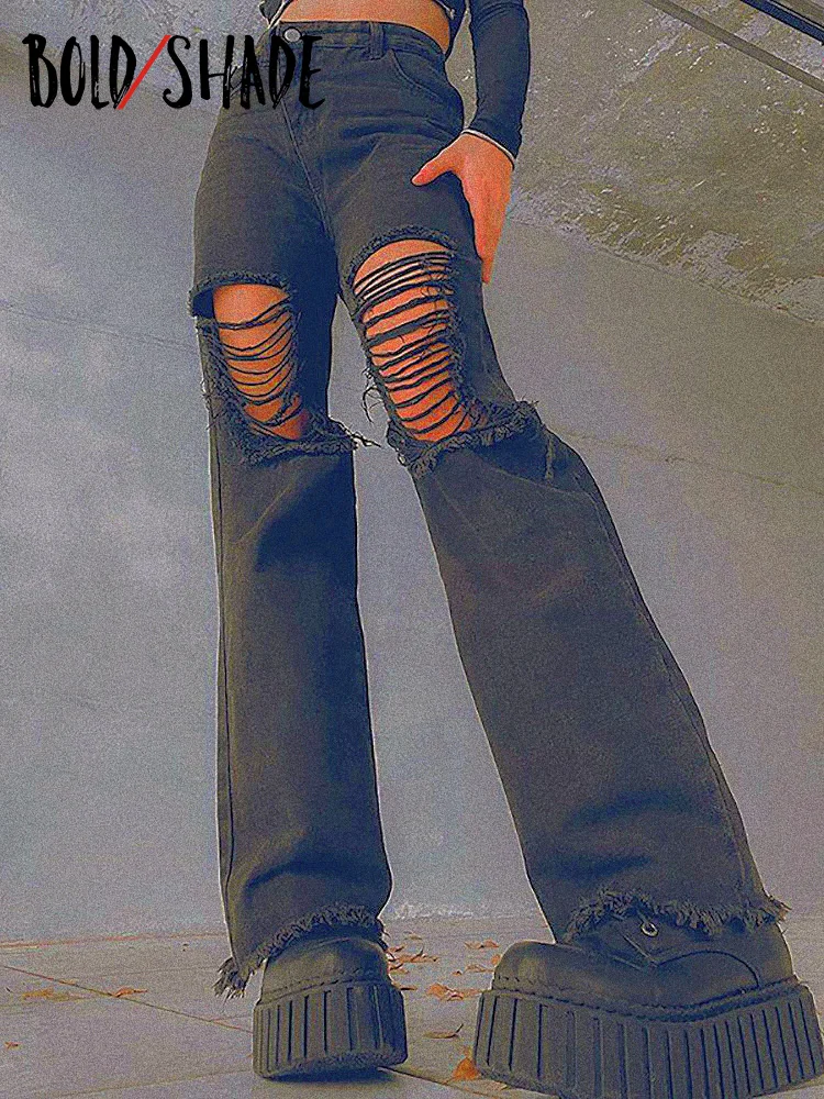 

Bold Shade Skater Style Streetwear High Waist Ripped Jeans Grunge Punk Full Length Holes Black Denim Flare Pants Retro Trousers