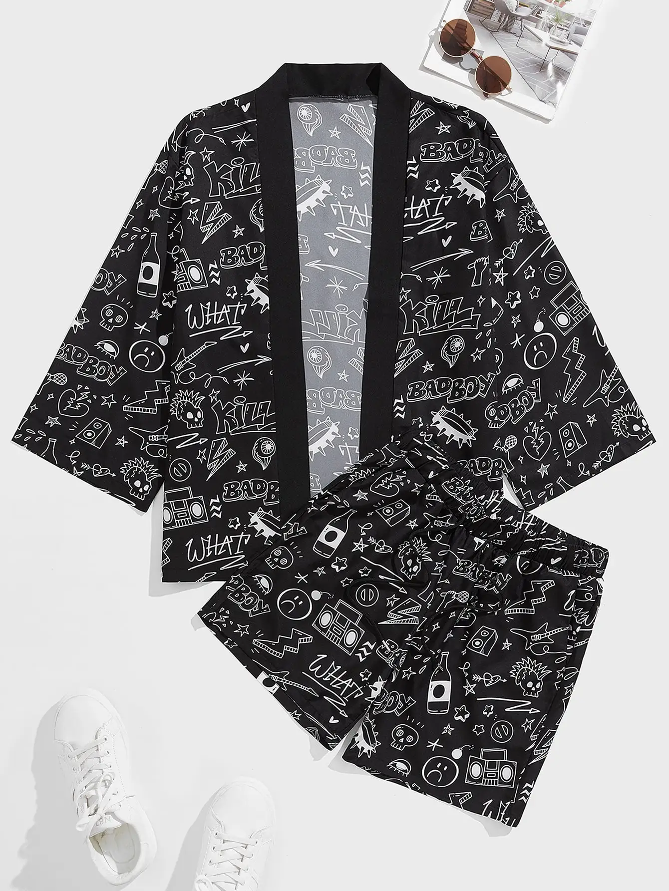 

Men's Kimono Three-quarter Sleeve Black Digital Print Holiday Shirt Shorts Set 2022 New Casual Two Piece Suit
