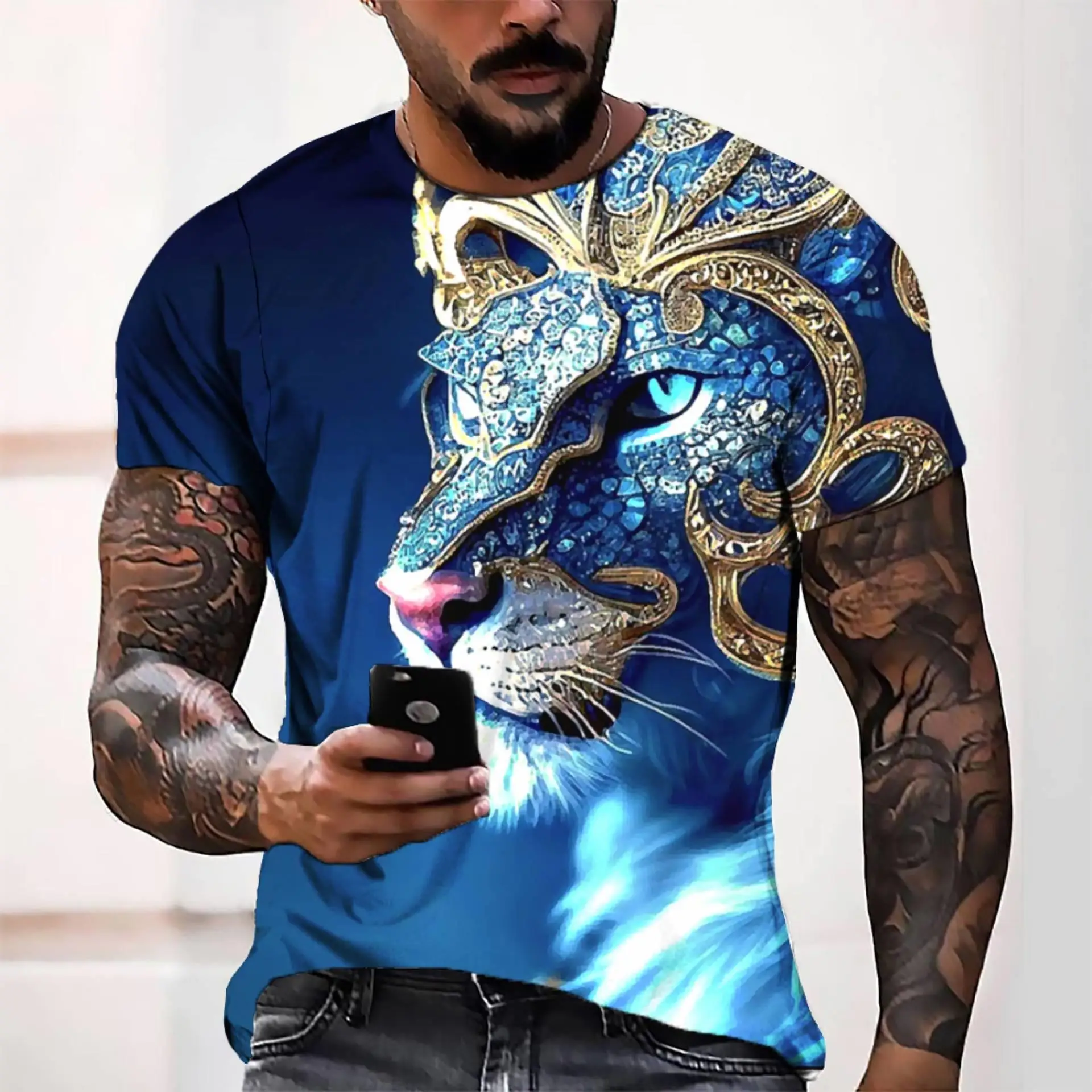 

Summer New Fashion Men's Short-Sleeved T-Shirt Creative Personality Lion 3D Digital Printing Casual Loose Round Neck Sports Tops