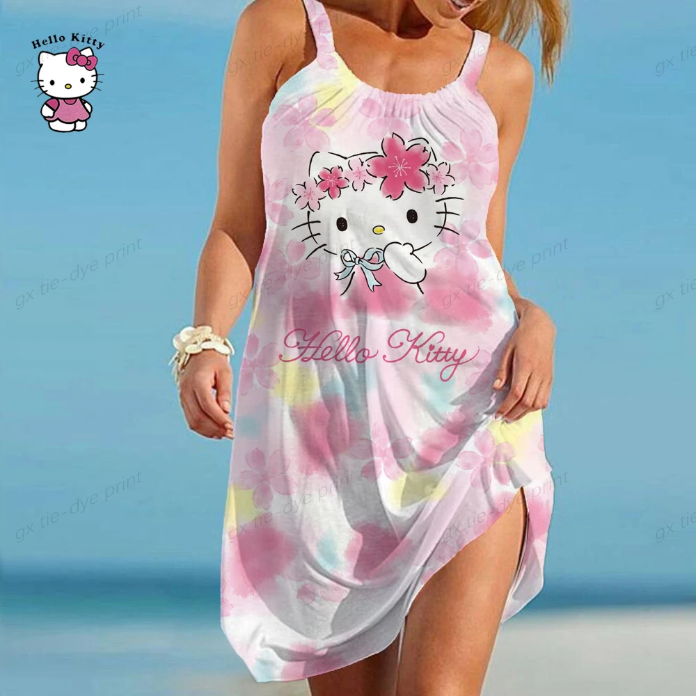 

Женское винтажное мини-платье с принтом Hello Kitty, летнее пляжное платье в стиле бохо, пикантная Туника без рукавов, ТРАПЕЦИЕВИДНОЕ свободное платье, 2023