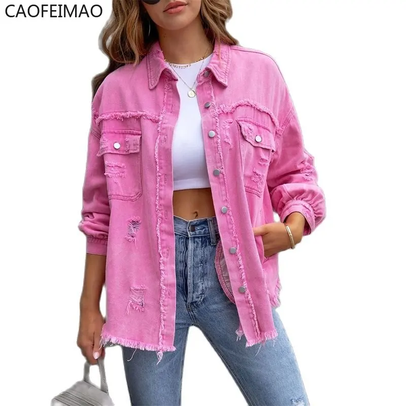 

Женская джинсовая куртка с необработанными краями, демисезонная стильная рубашка с отверстиями, Повседневная Верхняя одежда розового, красного, оранжевого, фиолетового цветов, Женское пальто, 2023