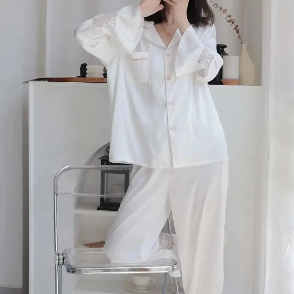 

White Spring Women Pajamas Pyjamas Set Sleepwear Summer Pajama Set Silk Satin Lace Female Pijama Home Wear Loungewear