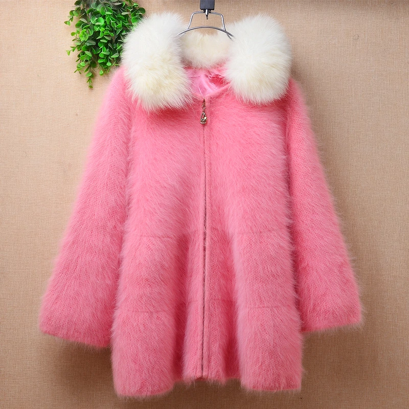 

04 Ladies Women Fall Winter Clothing Sweet Pink Hairy Mink Cashmere Knitted Fur Collar Zippers Slim Cardigans Jacket Sweater Top