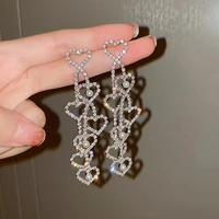trendy heart rhinestone long tassel drop earrings for women geometric crystal dangle earrings jewelry accessories drop shipping