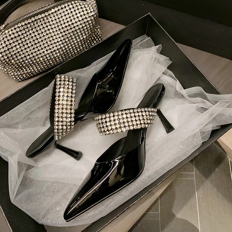 

Women Pumps Crystal Party Shoes Patent Leather Thin High Heel Sandals Spring Summer Shoes Pointed Toe