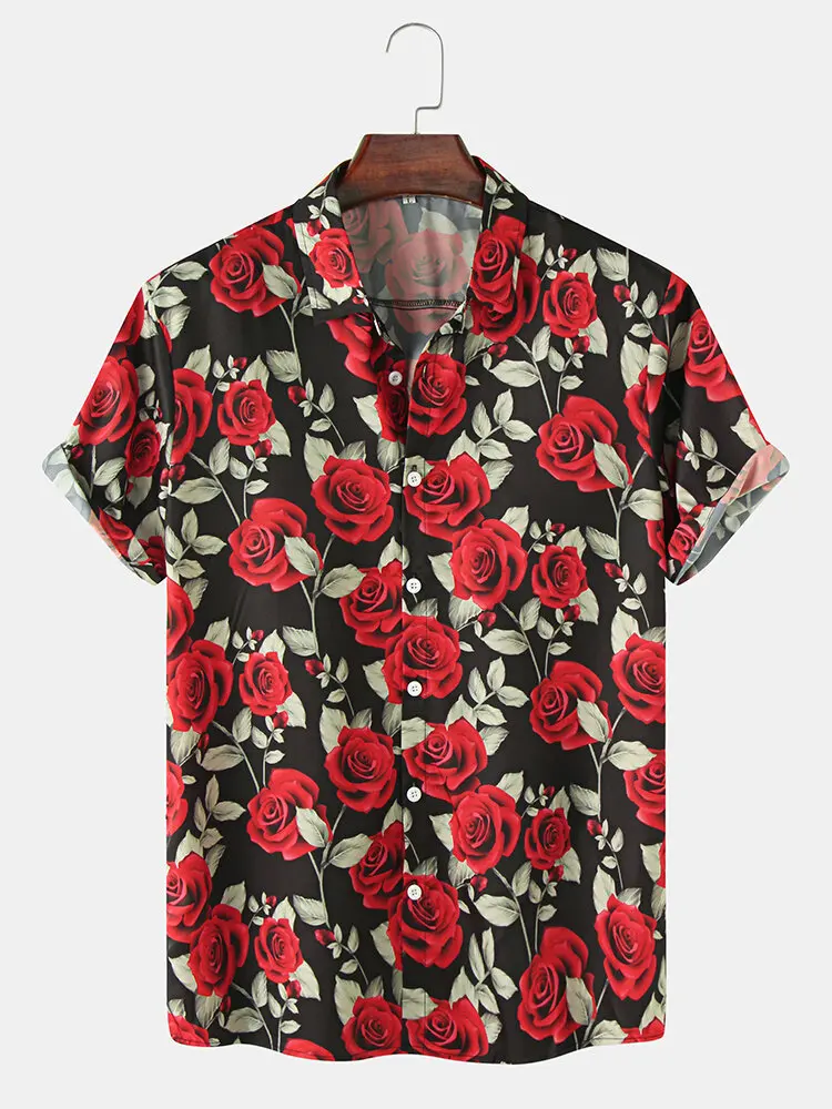 

Camisas Para Hombre 2022 Summer European and American Style Rose Print Men's Short-sleeved Shirt Casual Top