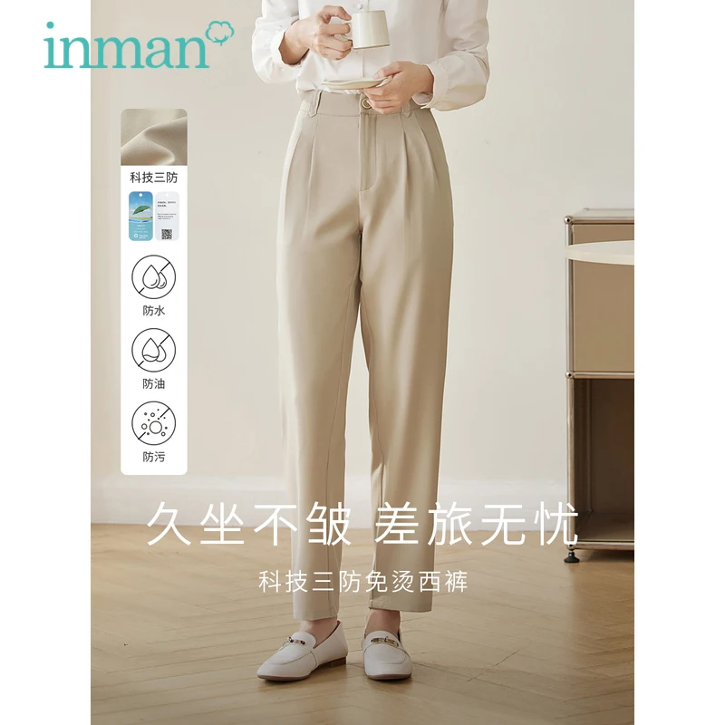 INMAN Women Pants 2023 Spring Elastic Waist Straight Long Slim Trousers Leisure Commuting Khaki Green Casual Business Pants