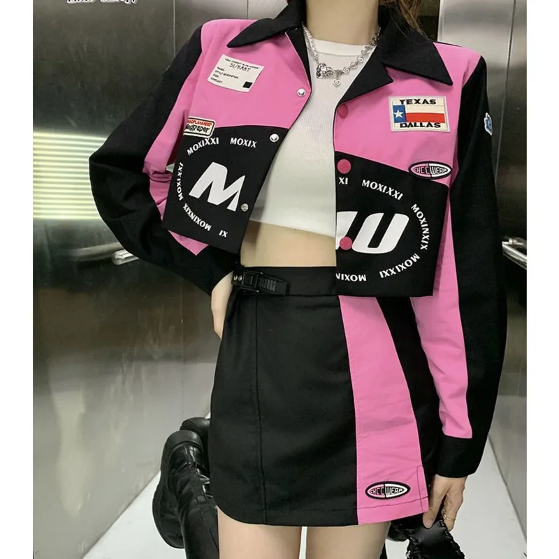 Streetwear Cool Y2K Motorcycle Suit Summer 2000s Aesthetic Mini Dress Dresses Pink Outfits For Women Two 2 Piece Cute Skirt Set