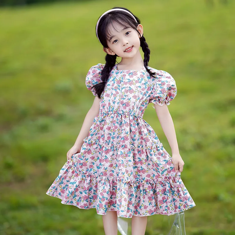 

3-12 year old girls' bubble sleeve princess skirt Baby Short Sleeve high waist floral dress children's sweet casual A-line skirt