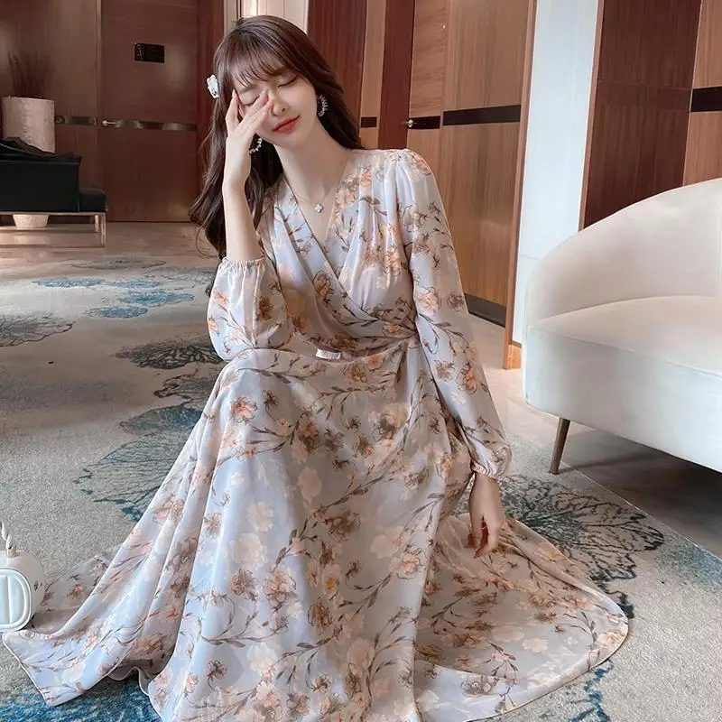 

Elegant Floral Print Women Dress Spring Summer Casual V Neck Long Sleeve Chiffon A Line Long Maxi Dress Party Vestidos Q359