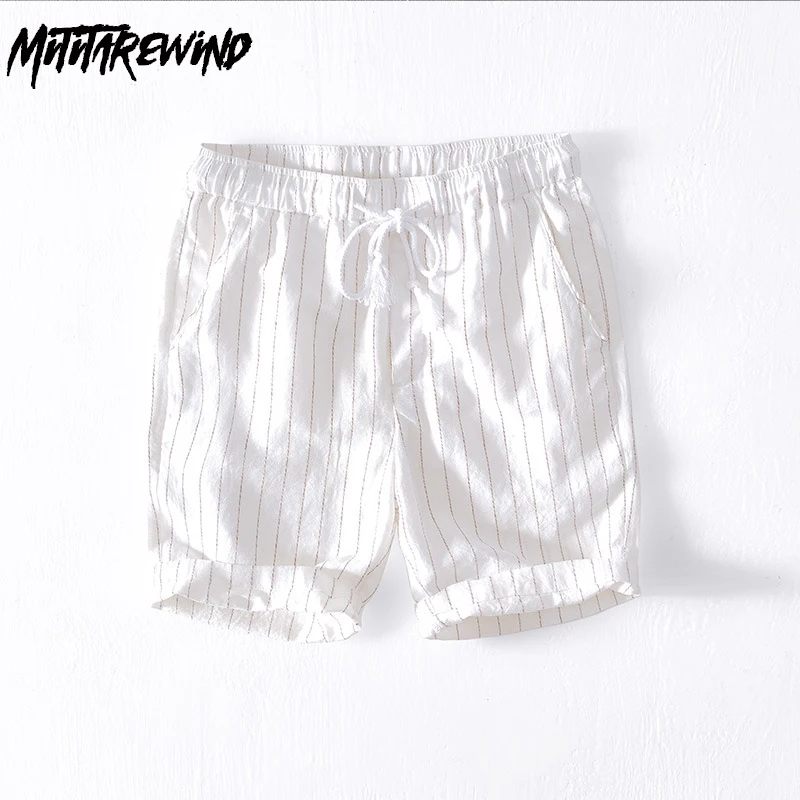 

Летние уличные повседневные штаны, мужские праздничные пляжные шорты, хлопковые льняные с завязками и эластичным поясом, полосатые технические дышащие