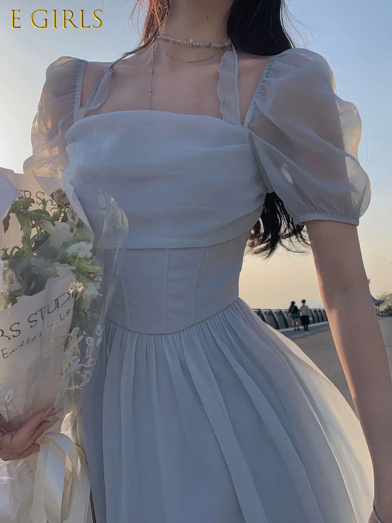 

E GIRLS Summer French Style Women Elegent Party Prom Midi Dress Female Fashion Slim Fairy Clothes Vestidos