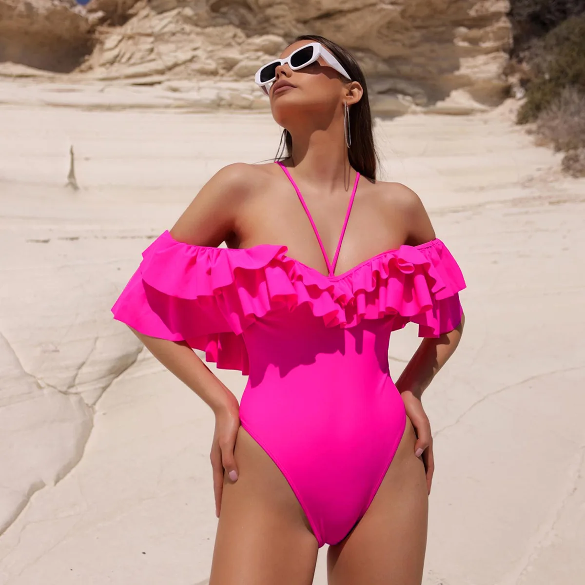 

Women Swimsuit 2023 Vintage Ruffle Sleeve Deep V Neck Solid One Piece Ins Fashion Swimwear Swimming Bathing Suits