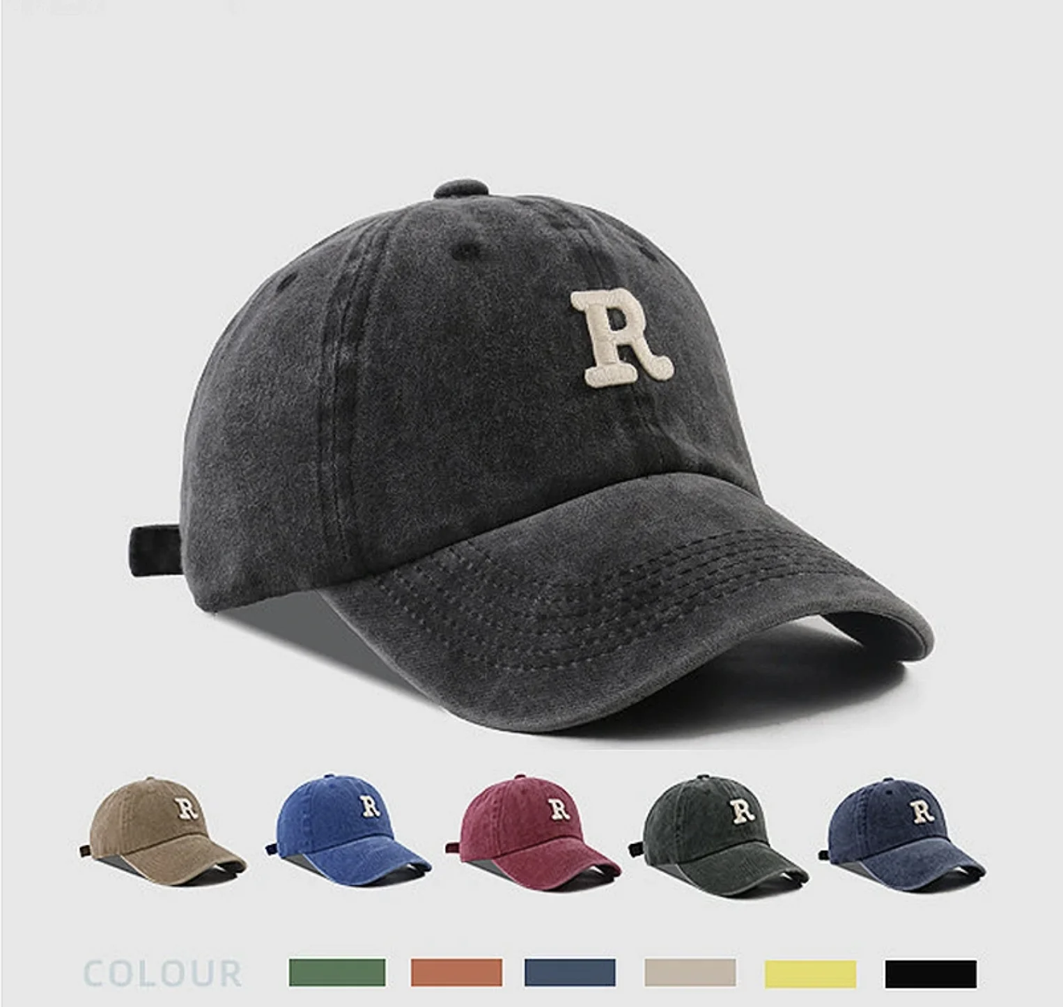 

Retro Washed Cotton Baseball Cap Unisex Letter R Embroidery Snapback Hat Hip Hop Bonnet Outdoor Sun Visors Casual Trucker Caps