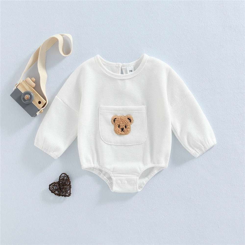 

2022 Baby Boy Girl Casual Long Sleeve Romper Toddler Cute Bear Embroidery Front Pocket Bodysuit Infant Spring Autumn Clothes