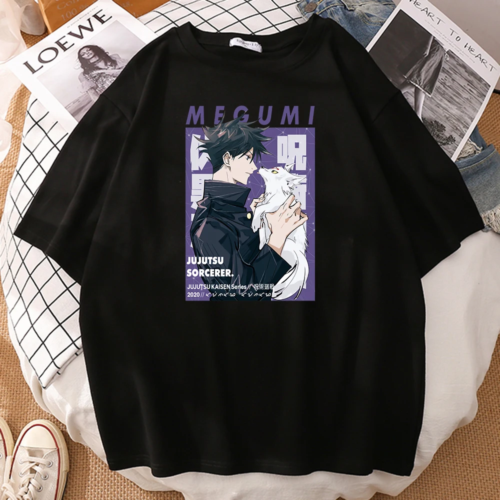 

Jujutsu Sorcerer Megumi Little Fox Printed Men's Tee Clothing Anime Cartoons T-Shirts Casual Short Sleeve O-Neck Male Tshirts