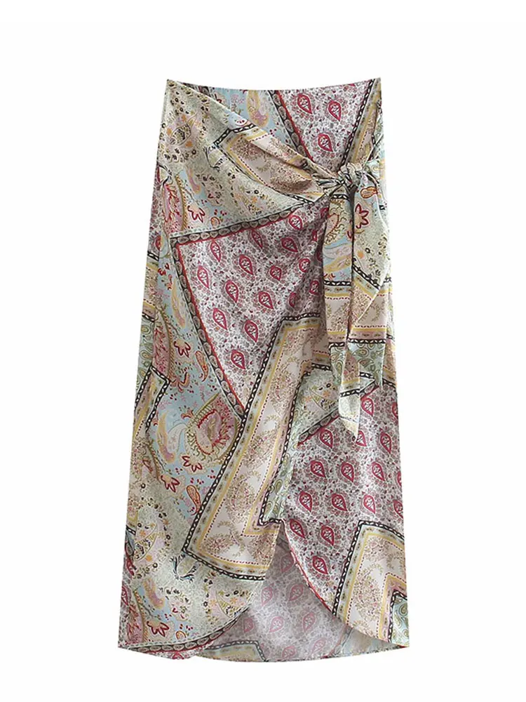 

Nlzgmsj ZBZA Women 2022 Printed Knot Skirts Women Fashion Irregular Loose Skirt Women Elegant Midi Skirts Female Ladies