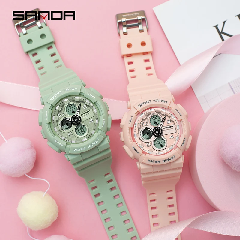 SANDA 2023 New Womens Watches Trendy Cherry Blossom Pink Rubber Strap HD Luminous Dual Display Watch 50M Waterproof Reloj Mujer enlarge