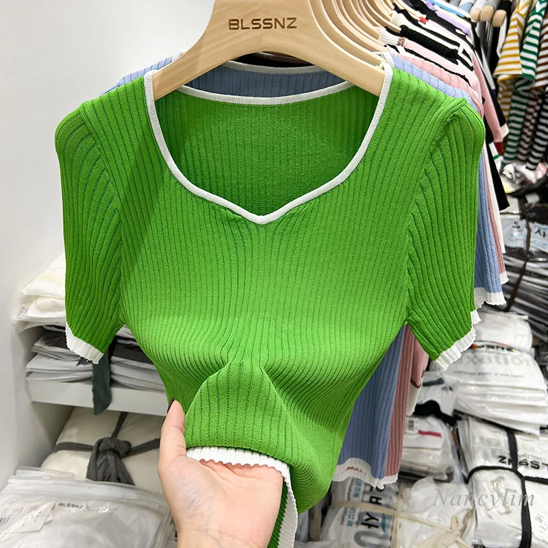 

Thin Knitted Short-Sleeved Tshirt for Women Summer 2022 New V Collar Short Top Contrast Color Casual Ladies All-Match
