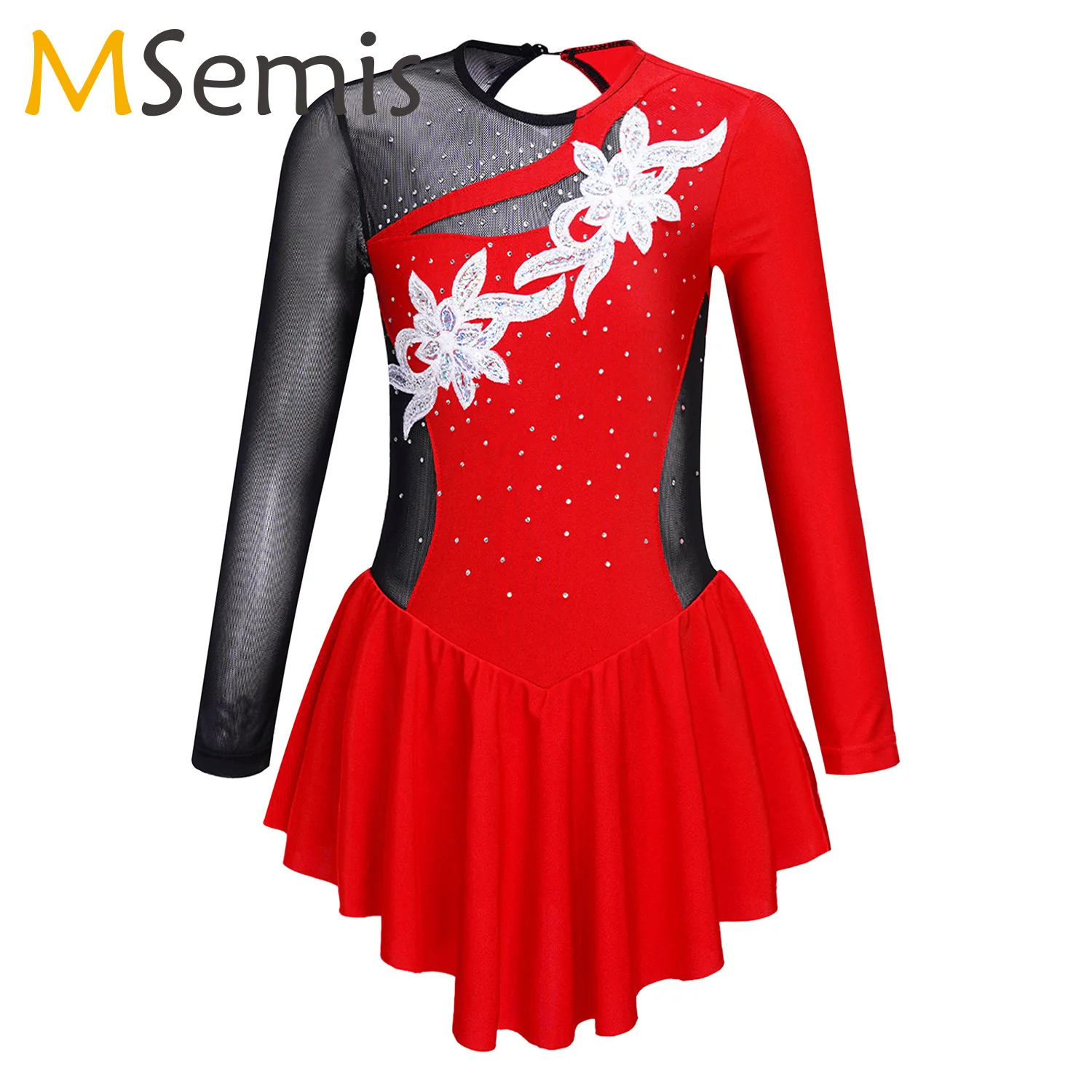 

Kids Girl Figure Skating Dress Long Sleeve Flower Ballet Gymnastics Leotard Ballroom Lyrical Dancewear Stage Performance Costume