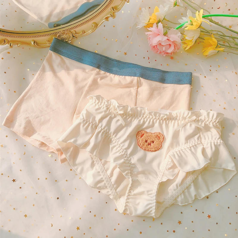 

2PCS Couple Women Men Sexy Lingerie Boxers Shorts Briefs Boys Girls Party Underwear Cartoon Bear Femme Lovers Underpants Panties
