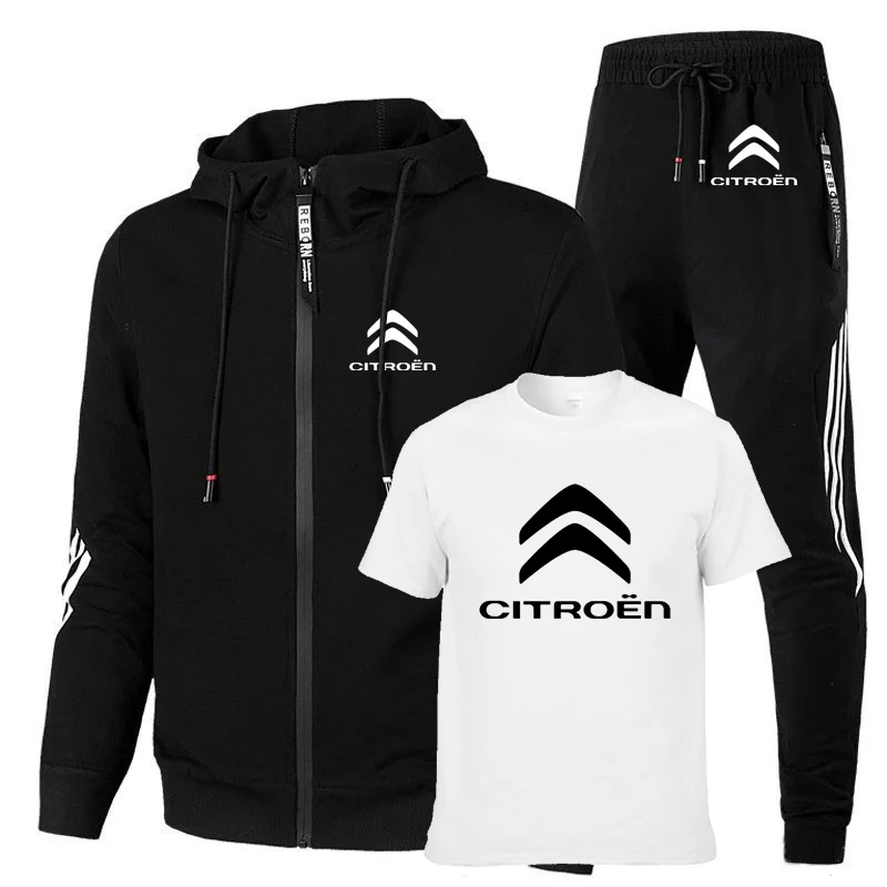 

Spring Autumn Men's jackets Citroen Motors Car Logo Print Solid color stripe Cotton Men's sweatshirt+T-shirt+sports pants 3-piec