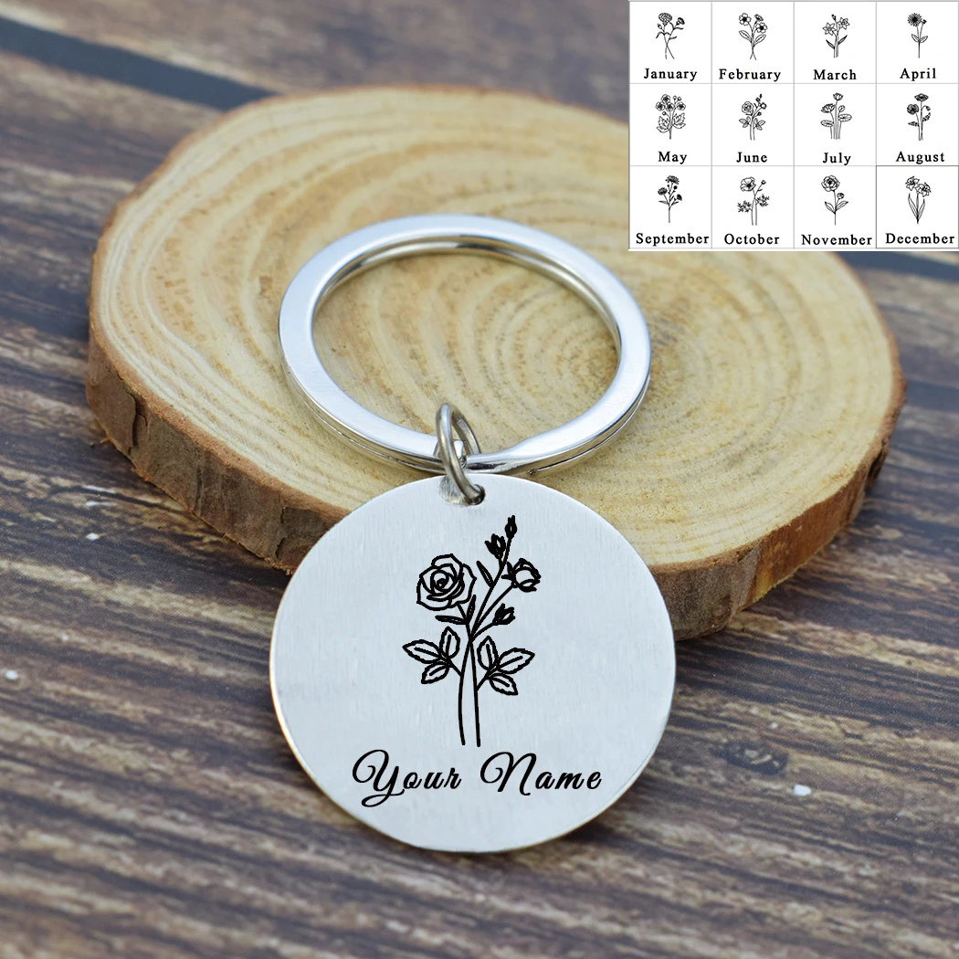 

Personalized Birth Flower Keychain Custom Name Stainless Steel Engraved Pendant Baby Birthday Gift From January To December