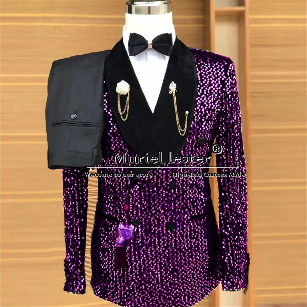 Мужской блестящий костюм для жениха смокинг двубортный пиджак и брюки из двух