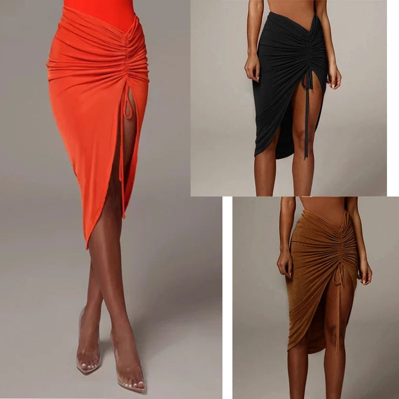 

Women Latin dance dress practice skirt drawstring fold irregular slit sexy hip rumba Cha Cha latin dance skirt