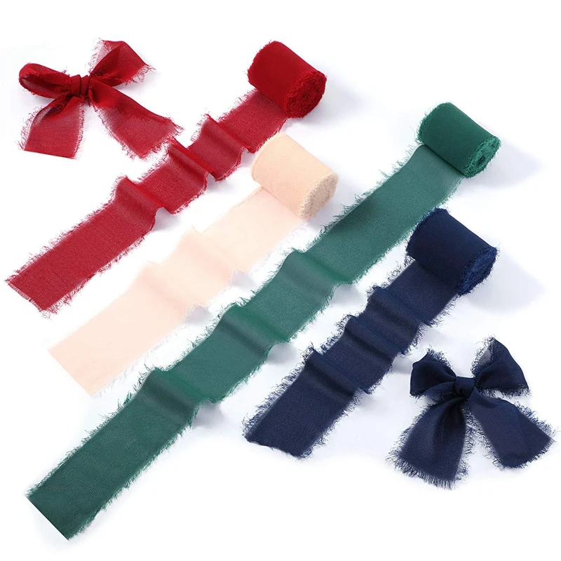 

4 Rolls 2 Inch X 7 Yard Handmade Frayed Edge Chiffon Ribbon Fringe Chiffon For Festival Wedding Bouquets Wrapping