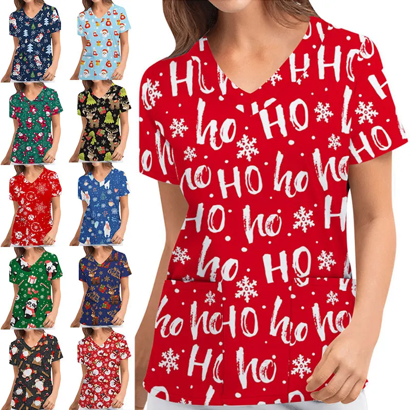 

Christmas Nursing Scrubs T-shirt Tops Casual Short Sleeve V-neck Pocket Women Scrubs Uniforms Women Nursing Clothing S-2xl