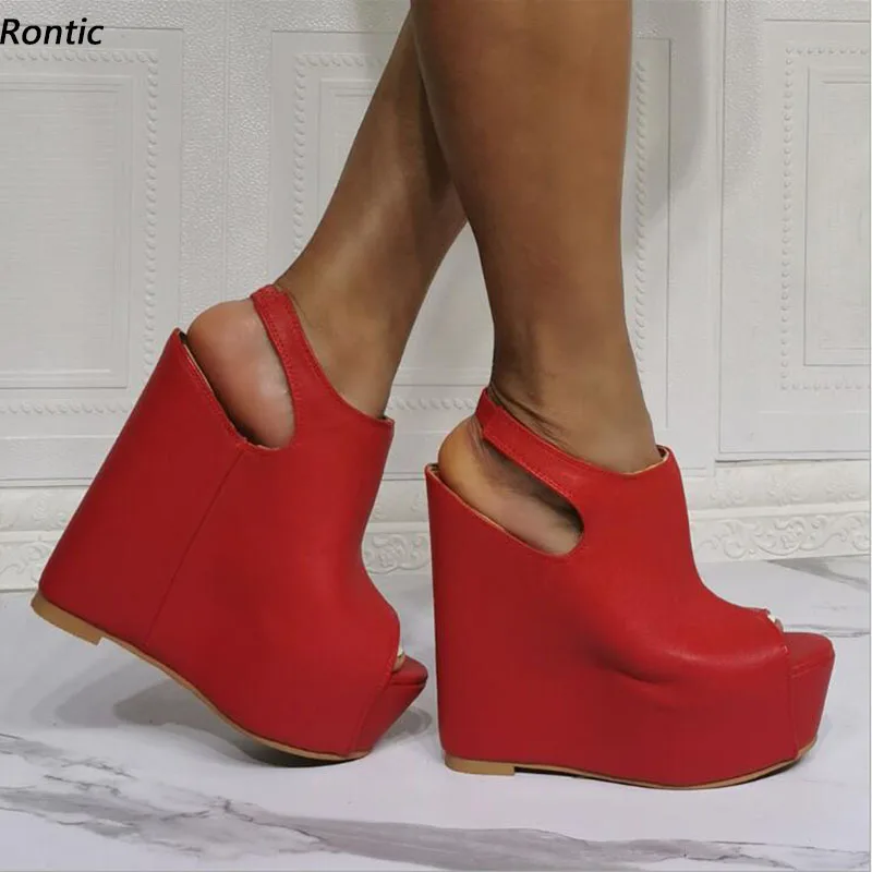 Rontic Handmade Women Summer Platform Sandals Comfort Wedges Heels Peep Toe Pretty Red Party Shoes US Plus Size 5-20