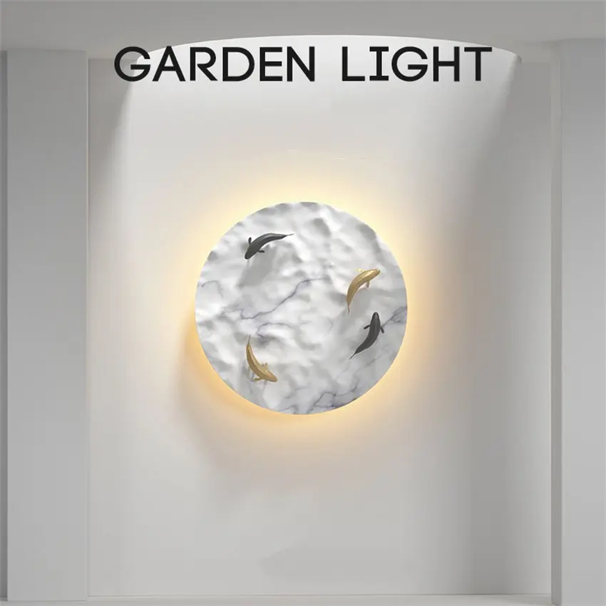 

Chinese outdoor fish marble wall lamps waterproof circular wall sconces lights villa living room study decor LED lighting