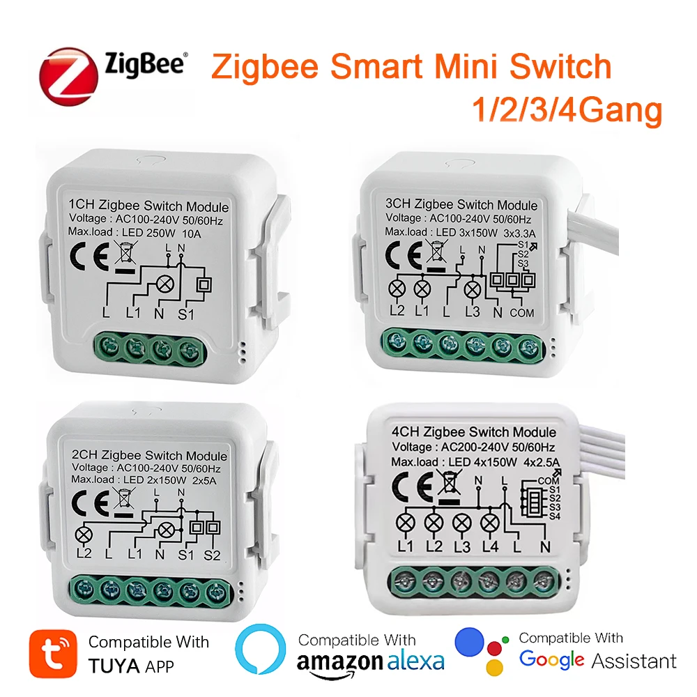

Tuya Zigbee 3.0 Switch Module Mini 1/2/3/4 Gang 2 Way Control Relay Smart Home Wireless Breaker Works With Alexa Google Home